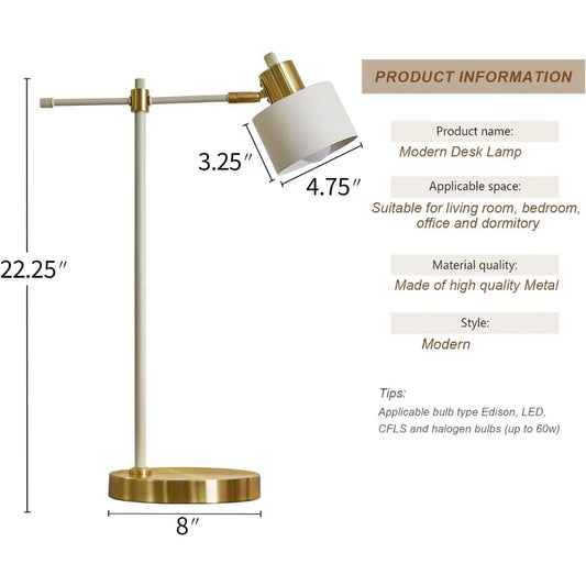 OYEARS Modern Industrial Desk Lamp for Reading LED 22.2“ Metal Table Lamp Light for Office Bedroom Study Room Living Room