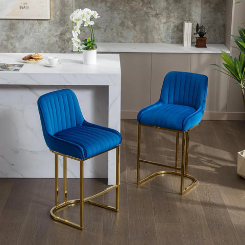 Modern Counter Height Bar Stools Set of 2 Green Bar Stools with Back/Gold Legs Upholstered Velvet Barstools 26''