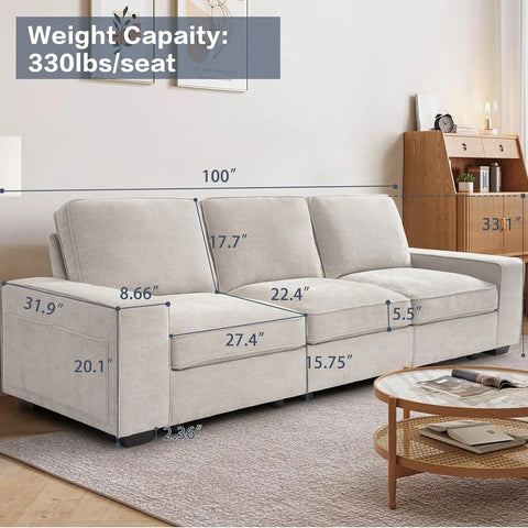 100" Comfy Sofa Couch with Storage, Modern Sofa, Sectional Sofa Couches, Side Pocket Washable Cushion Cover, Beige Chenille