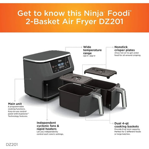 Ninja DZ201 Foodi 6-in-1 2-Basket Air Fryer with DualZone Technology, 8-Quart Capacity, and a Dark Grey Stainless Finish