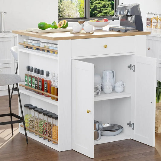 Kitchen Island with Storage, Large Organized Storage Space with Power Strip, 2-Door Cabinet