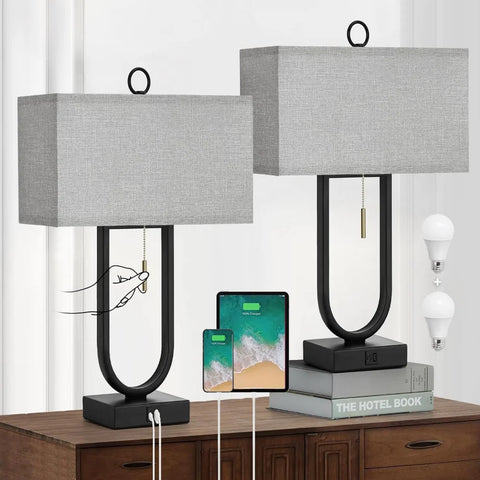 Luvkczc Nightstand Lamps Set of 2 with USB C+A Ports, 24'' Tall Table Lamp with Two 3000K LED Bulbs, Linen Lampshade