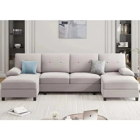 Living Room Sectional Sofa, 4-seater Set U-shaped Sofa with Double Chaise Longue, Large 106-inch Modern Fabric Sofa