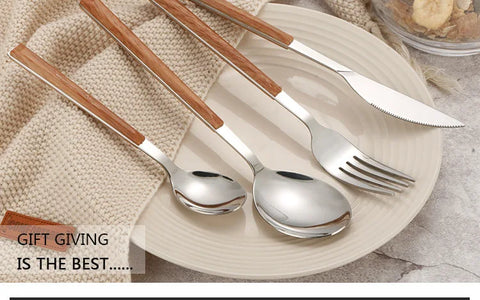 4Pcs 304 Stainless Steel Dinnerware Sets Glossy Silver Wooden Tableware Western Food Knife Fork Teaspoon Cutleries