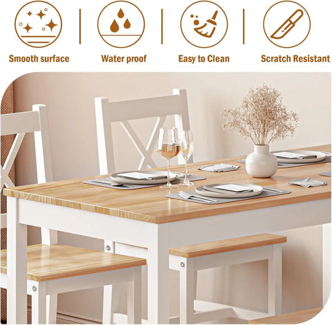 Dining Table Set for 4, 42.5 inch Pine Wood Dining Room Table with 4 Chairs, 5-Piece Kitchen Table Chairs Set for Small Sp