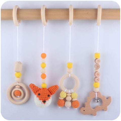 4 Pcs Beech Wood Baby Play Gym Frame Newborn Activity Fitness Rack Hanging Pendants Toys Crochet Rattle Teether Kids Room Decor