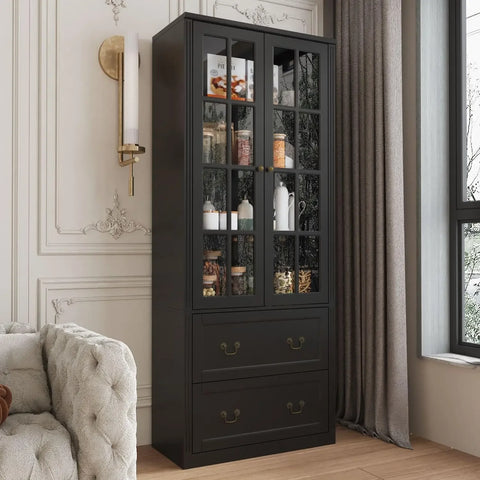 Pantry Cabinet Kitchen Storage Cabinet with 2-4 Drawers & Glass Doors, Kitchen Pantry with Adjustable Shelves