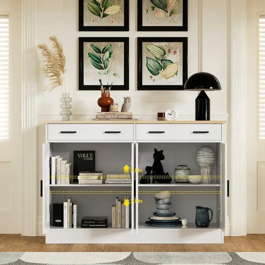 White Buffet Cabinet, Coffee Bar Cabinet with 2 Drawers & 4 Doors, Kitchen Buffet Sideboard for Living Room, Kitchen