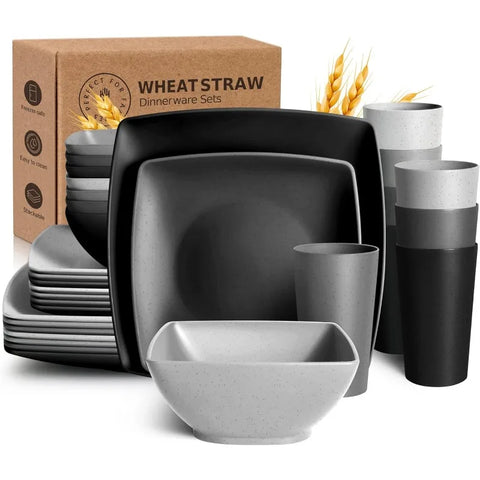 32-piece Plastic Wheat Straw Square Dinnerware Set for 8, Unbreakable Dinner Plates, Salad Plates, Snack Bowls, Tumblers