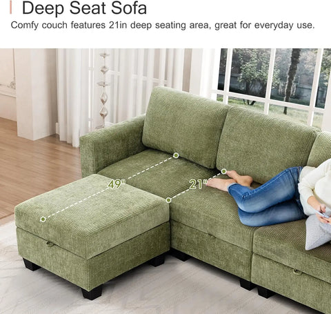 Modular Sectional Sofa Couch with Storage Seat,Soft Velvet Stripe Convertible Sofa with Reversible Ottoman,Deep Seat Sofa