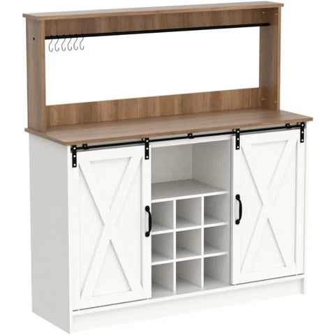 4ever2buy Farmhouse Coffee Bar Cabinet with 6 Hooks, White Coffee Bar with Storage, Kitchen Buffet Cabinet with Adjustable Shelv