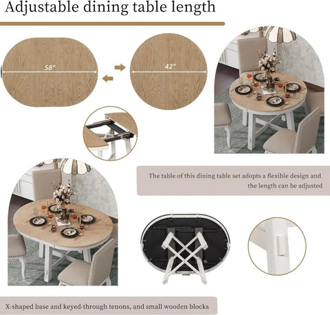 5-Piece Round Dining Table and Chair Set, Round Dining Table with Shelf, Wood Table Set for Family Dining Area