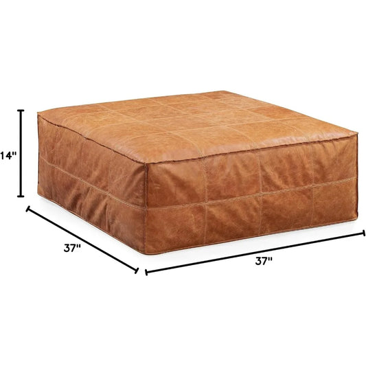 Taos Square Ottoman in Full-Grain Pure-Aniline Italian Tanned Leather in Cognac tan