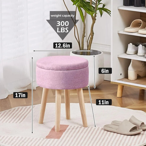 Storage Ottoman Foot Stool Linen Round Vanity Stool Tray Top Footstool with Wood Legs Multifunctional Upholstered Foot Rest