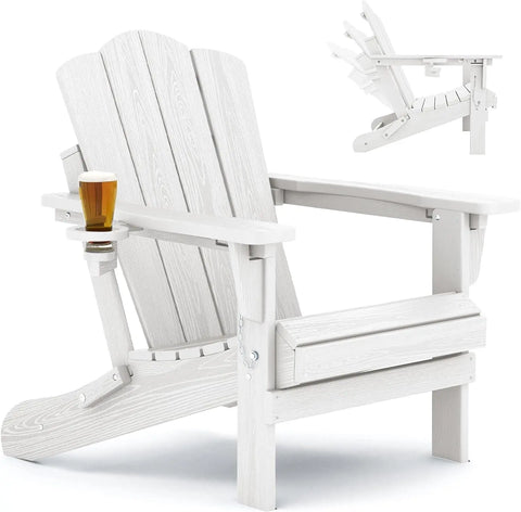 KINGYES Folding Adjustable Adirondack Chair, All Weather Resistance Reclining Adirondack Chair with Cup Holder, HDPE Folding