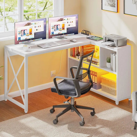 L Shaped Desk with Storage Shelves,55" Reversible Computer Desk with Power Outlets&LED Lights,for Home Office Small Space, White