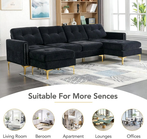 Velvet Modern Large Sectional Sofa, U Shape Upholstered Couch with Chaise, Convertible Sofa Couch with Movable Ottoman