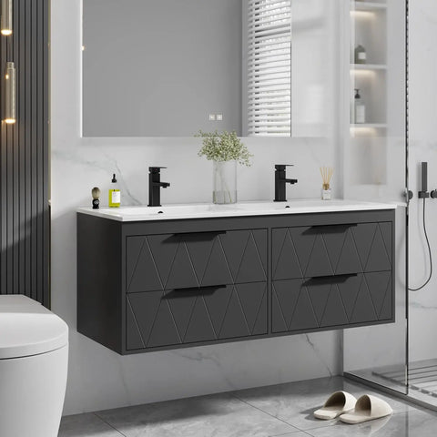 30" Bathroom Vanities Cabinet with Sink Combo, W/Decor Line, Soft-Close System, 2 Extra Big Drawers, Matte Black Faucet