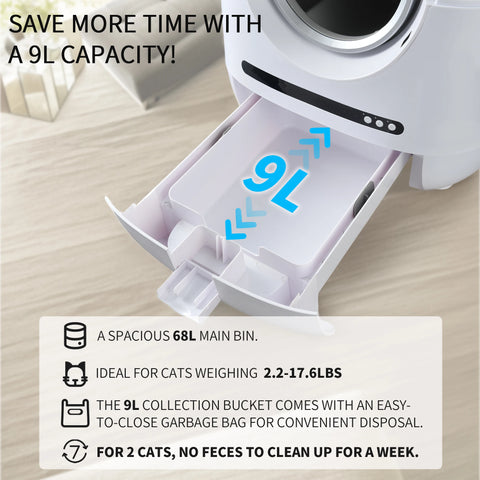 Self-cleaning cat litter box, 68L+9L, suitable for a variety of cat litter, APP control, real-time video, photo and video, safe