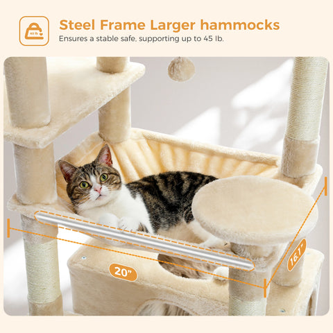 H184CM Large Cat Tower with Sisal Scratching Posts Spacious Condo Perch Stable for Kitten Multi-Level Tower Indoor Cozy Hummocks