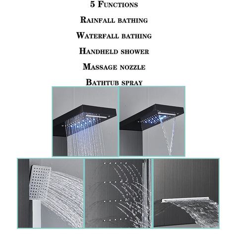 Bathroom LED Light Rain Waterfall Shower Panel Faucet Body Massage Jets Shower Faucet Stainless Steel Tub Spout Shower Column