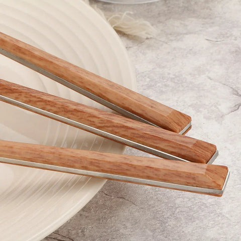 4Pcs 304 Stainless Steel Dinnerware Sets Glossy Silver Wooden Tableware Western Food Knife Fork Teaspoon Cutleries