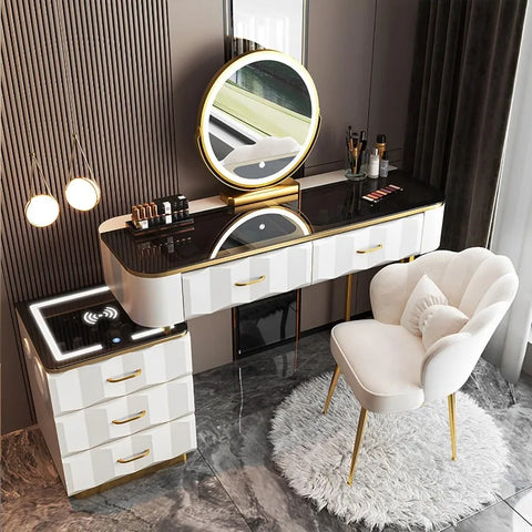 Makeup Vanity Set with Wireless Charging Station, Dressing Table with Mirror and Lights, Vanity Desk with Storage Cabinet and