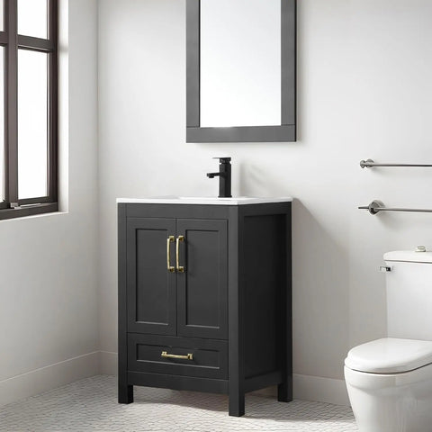 30" Bathroom Vanities Cabinet with Sink Combo Set, Undermount Ceramic Sink w/Thickened Wood, Matte Black Faucet