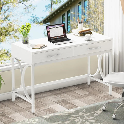 Modern White 41 Inches Computer Desk with 2 Drawers Home Office Bedroom Table Study Writing Desk Metal Frame