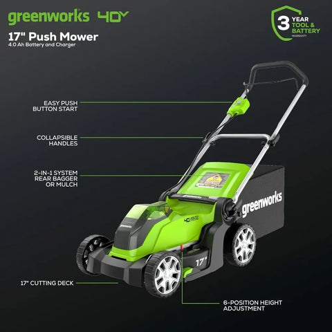 40V 17" Cordless (Push) Lawn Mower (75+ Compatible Tools), 4.0Ah Battery and Charger Included