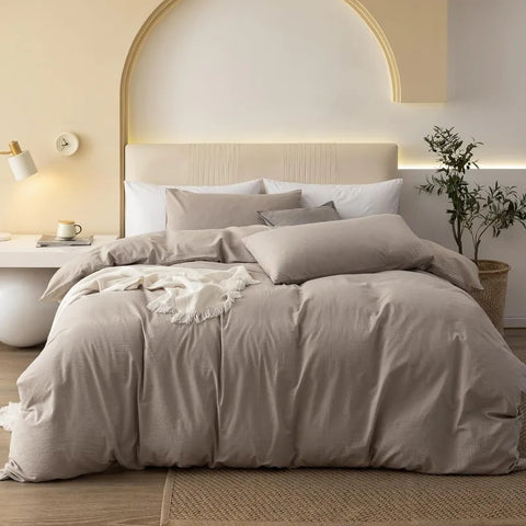 100% Washed Cotton Duvet Cover Set Comfy Simple Style Soft Breathable Textured Durable Linen Feel Bedding