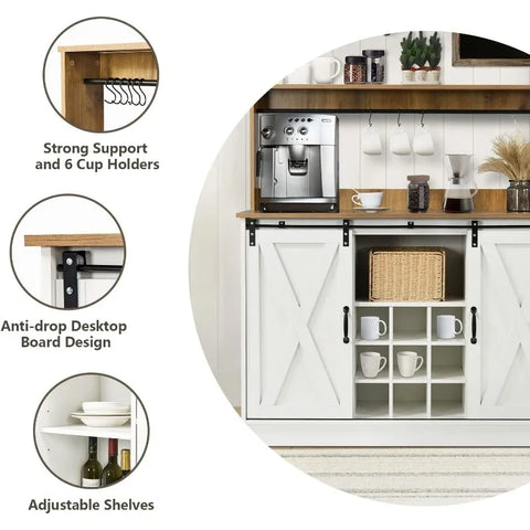 4ever2buy Farmhouse Coffee Bar Cabinet with 6 Hooks, White Coffee Bar with Storage, Kitchen Buffet Cabinet with Adjustable Shelv