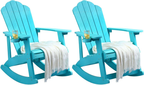 Outdoor Rocking Adirondack Chair Set of 2 Heavy Duty Plastic Rocking Chairs with Rotatable Cup Holder Oversized Rocker Chair