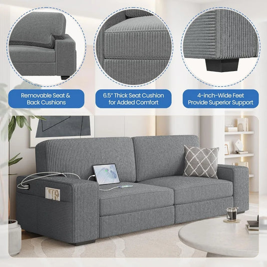 83.5" W Modern Sofa Couch 2 Seater Corduroy Fabric Sofa with USB Charging Ports & Side Storage Pockets for Living Room Apartment