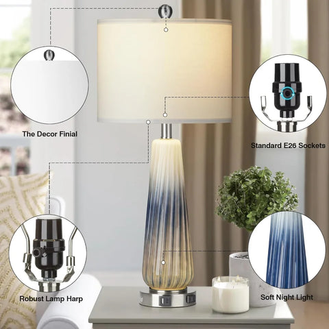 Glass Table Lamps for Living Room, 26" Modern Table Lamps with USB A+C Ports & AC Outlet, Touch Control Bedside Nightstand