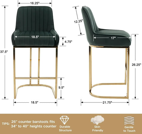 Modern Counter Height Bar Stools Set of 2 Green Bar Stools with Back/Gold Legs Upholstered Velvet Barstools 26''