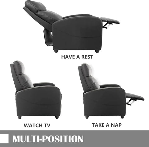 Room Recliner Chair, PU Leather Adjustable Single Recliner Sofa Home Theater Seating Reading Chair for Bedroom, Dark Black