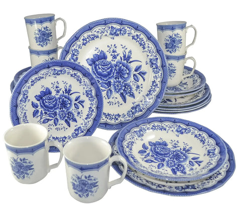 TUDOR ROYAL 24-Piece Porcelain Round Dinnerware Set, Service for 6, VICTORIA BLUE Design, Blue Floral, Plates Bowls Mugs Dishes,