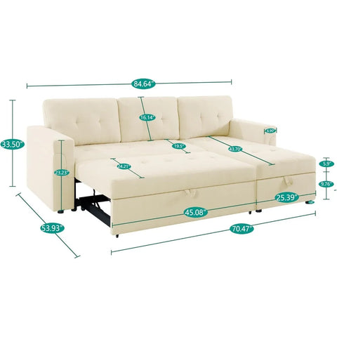 Sectional Sofa Sleeper with Storage Chaise, Tufted Pull-Out Couch with Storage,  L-Shaped Reversible Sleeper Sofa with Storage