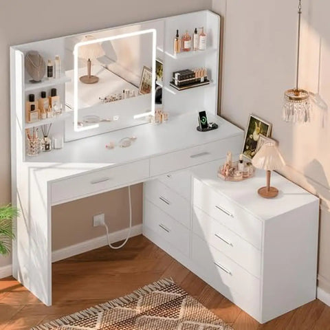 Vanity Desk with LED Mirror Modern Corner Makeup Table with 8 Drawers & Storage Shelves