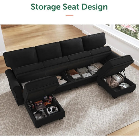 Sectional Sofa with Storage Seat Velvet U Shaped Sectional Couch with Chaise Convertible Sectional Couches for Living Room