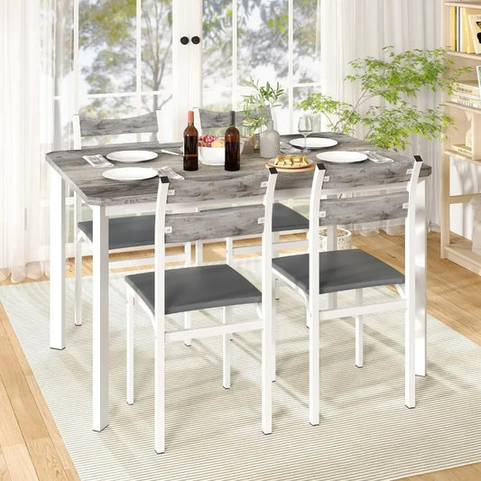 Dining Table Set for 4, 43.3" Dining Room Table with 4 Upholstered PU Leather Chairs, Modern Wood Kitchen Desk and Chairs Set