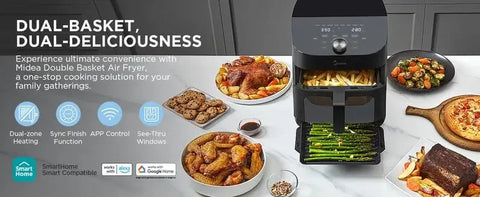 Mi dea 8 in 1 Dual Air Fryer 11 Quart with 2 Independent Frying Baskets Large Capacity Clear Windows, Smart Sync Finish