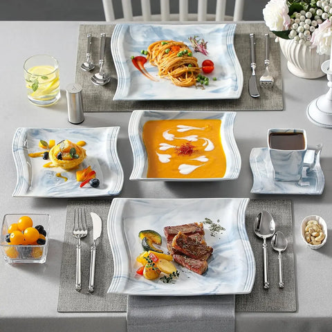 MALACASA Dinnerware Sets for 6, 30-Piece Square Plates and Bowls Sets, Porcelain Dishes Dinnerware Set with Dinner Plate and