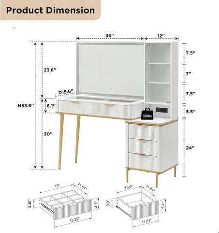 T4TREAM Makeup Vanity Desk with 36" HD Lighted Mirror, 48" Big Modern Vanity Desk with Mirror and Lights, Dressing Table