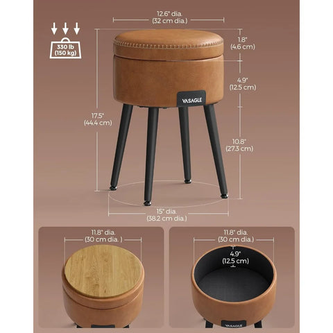 Storage Ottoman, Vanity Chair Stool, Synthetic Leather with Stitching, Mid-Century Modern, Round Storage Seat with Steel Legs