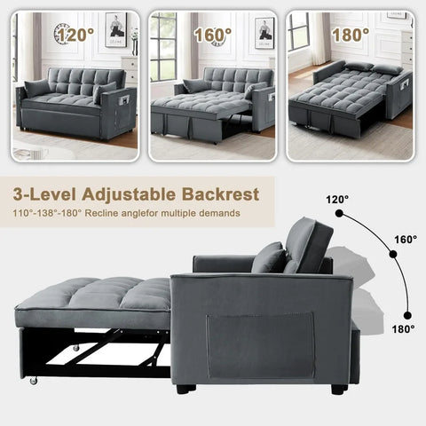 3-in-1 2-Seater Loveseat Pull Out Couch Reclining Backrest,Toss Pillows Pockets-Perfect for Small Spaces Velvet Sleeper Sofa Bed