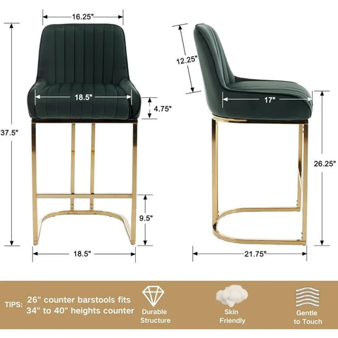 Modern Counter Height Bar Stools Set of 2 Green Bar Stools with Back/Gold Legs Upholstered Velvet Barstools 26''