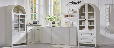 Kitchen Pantry Cabinet, Modern Farmhouse Kitchen Storage Cabinets with Open & Adjustable Shelves, Hidden Drawer & Glass Door, Ve