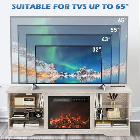 Fireplace TV Stand with 18''Fireplace, Modern Entertainment Center for TVs up to 65 inch, Media TV Console with Adjustable Glass